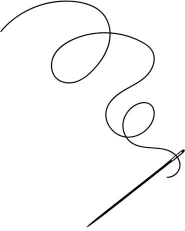 Black graphic of a needle with thread looping above it and going through the eye of the needle.