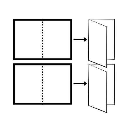 Graphic of two rectangles representing a page that has been cut through the center. There are dotted lines vertically down the center of each page half, and arrows pointing from each page half to images of paper that has been folded in half.